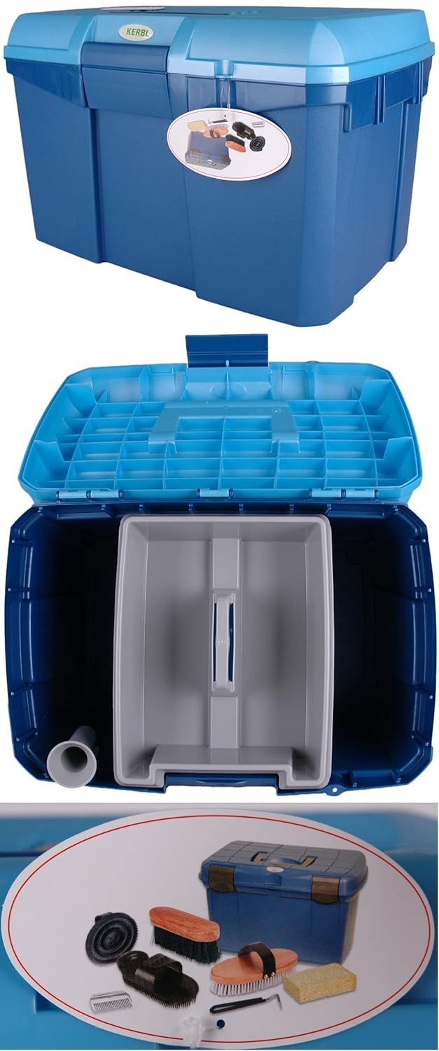 Kerbl Putzbox blau mit Inhalt (für Pferde, Pferdebürsten, Mähnenbürsten, Putzkiste mit Bürsten, Pfer