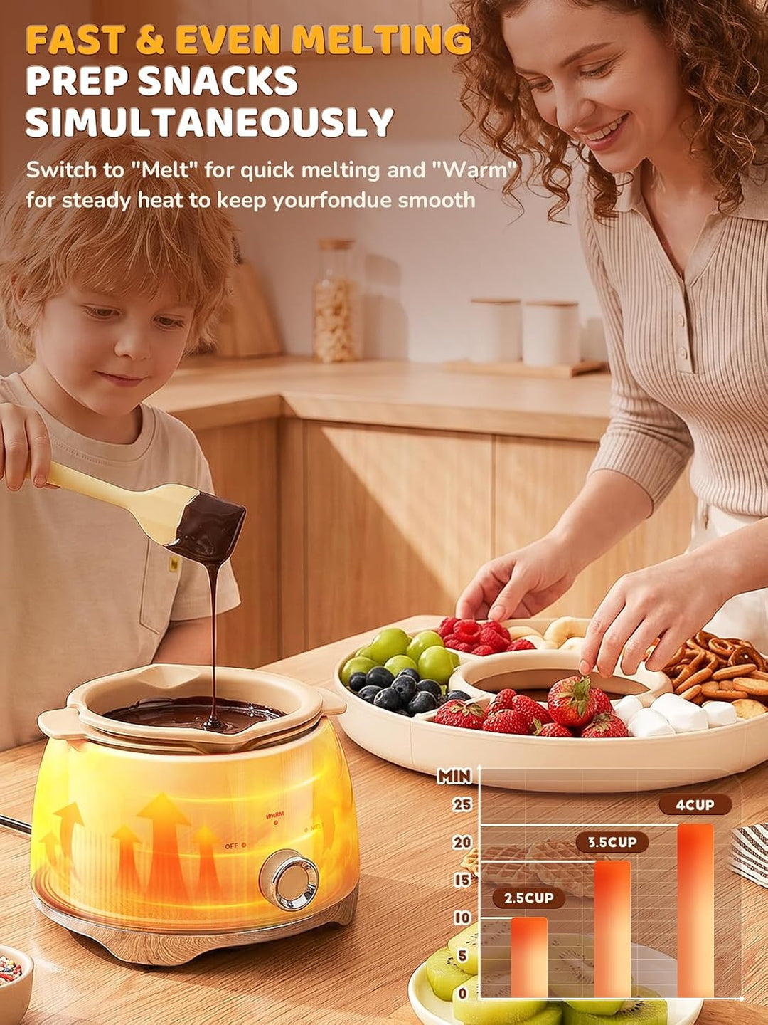 Schokofondue Set elektrisch, 800 ml Schokoladenschmelzer mit drehbarer Servierschale Fondueset, 4 Fä