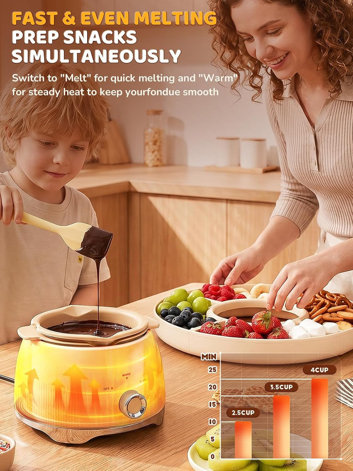 Schokofondue Set elektrisch, 800 ml Schokoladenschmelzer mit drehbarer Servierschale Fondueset, 4 Fä