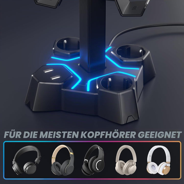 KDD Headset Halterung Led mit USB Ladestation, Controller Halterung &amp; Kopfhörer Ständer Tisch mit 2