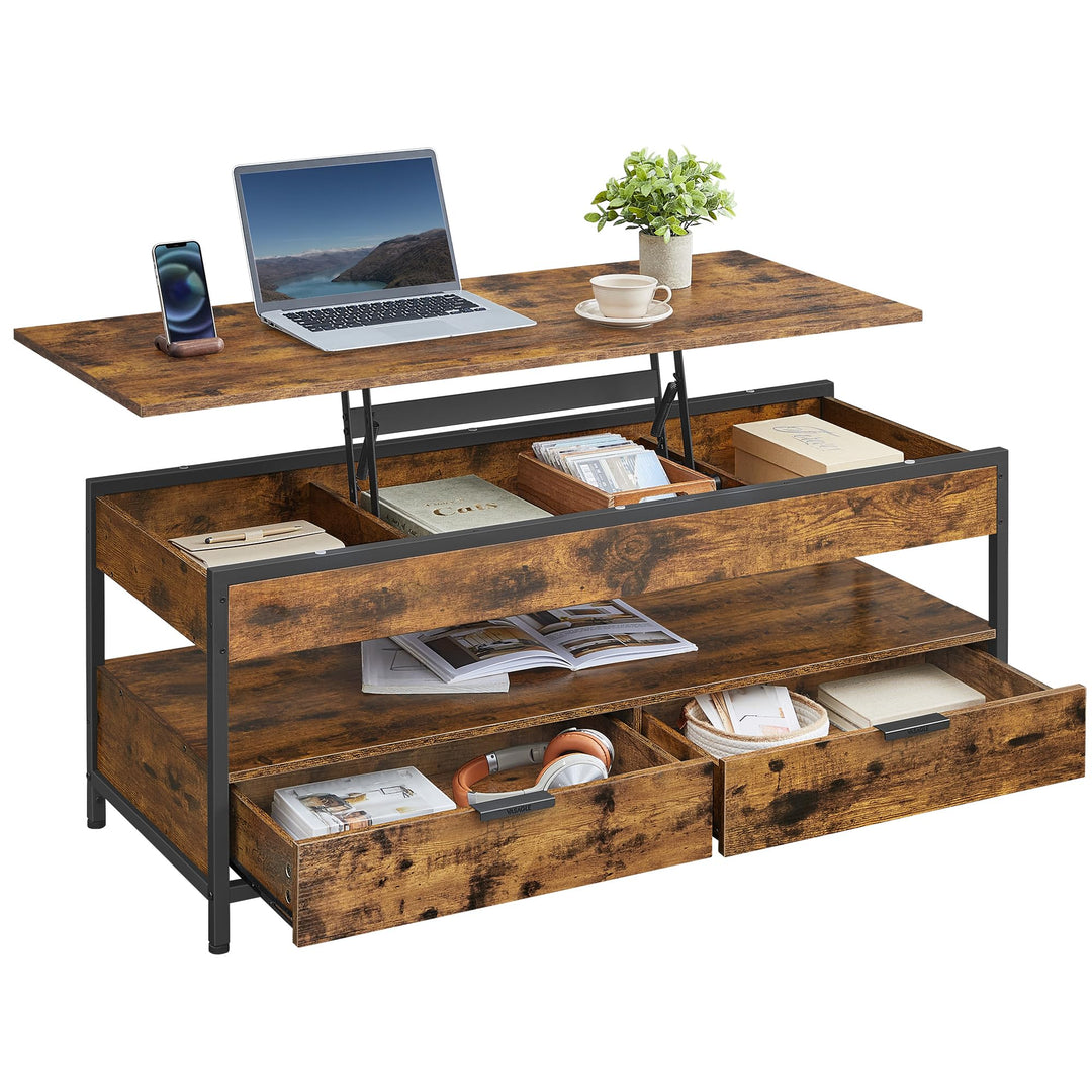 VASAGLE Couchtisch, höhenverstellbarer Wohnzimmertisch, Kaffeetisch, mit Schubladen, offenes Fach, 5