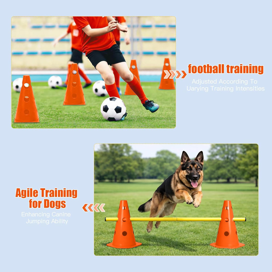 Steckhürdenset 10 Kegel + 5 Stangen, Höhenverstellbare Agility Hürden für Hundesport & Fussballtrain