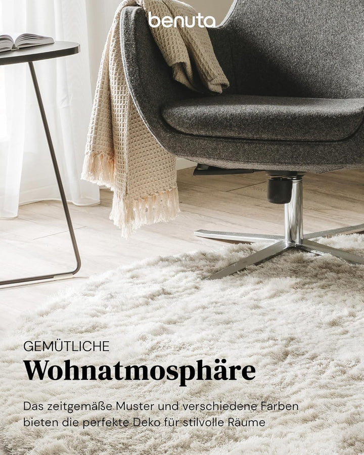 benuta Shaggy Hochflor Teppich Whisper Beige ø 80 cm rund | Langflor Teppich für Schlafzimmer und Wo