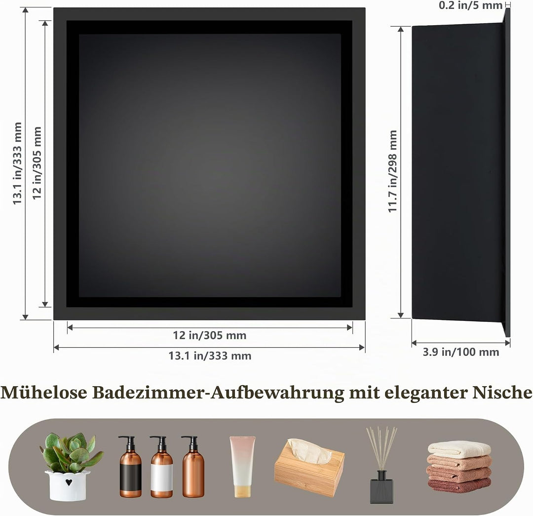 FTL Wandnische Dusche Schwarz Matt 30 x 30 x 10cm,Edelstahl Duschnische,Keine Fliesen Erforderlich E