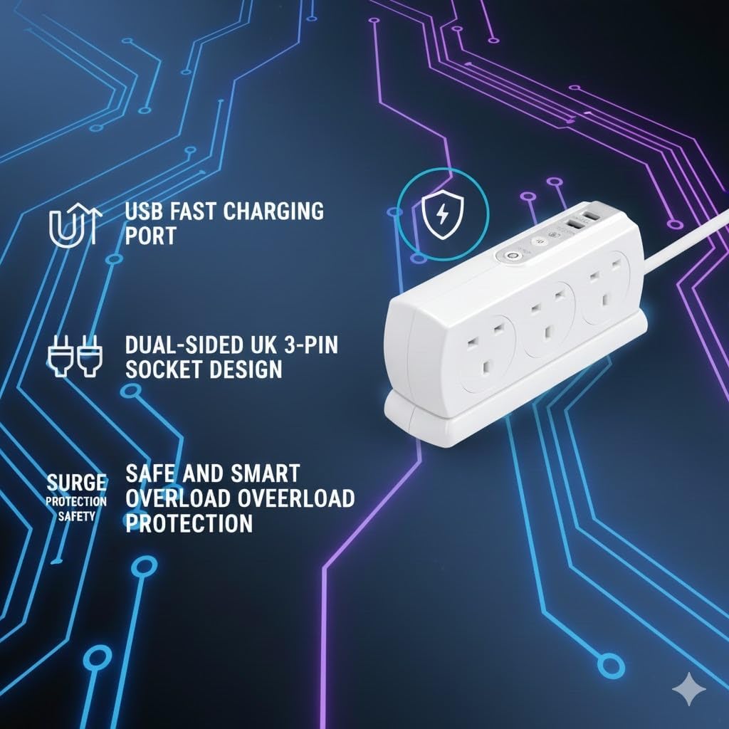 Masterplug Robustes Verlängerungskabel mit 6 Steckdosen, geschaltet, Überspannungsschutz, mit 2 USB-