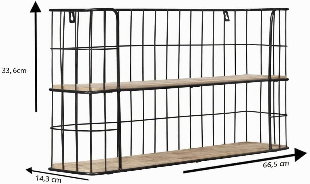 LIFA LIVING Vintage Wandregal aus Holz und Metall Schwarz mit 2 Böden-Holzregal-Natur Stil, Gewürzbo