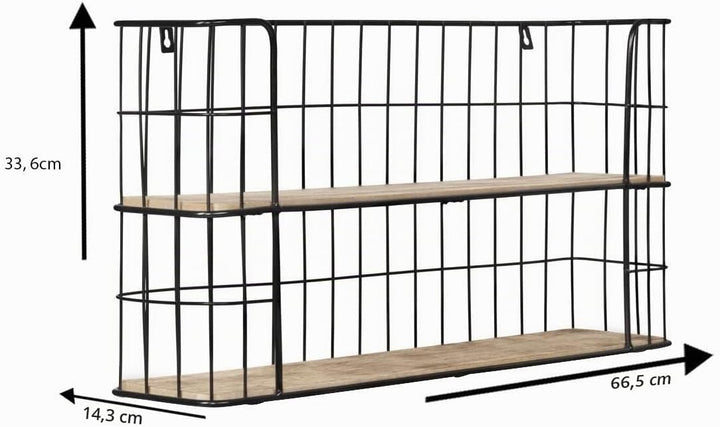 LIFA LIVING Vintage Wandregal aus Holz und Metall Schwarz mit 2 Böden-Holzregal-Natur Stil, Gewürzbo