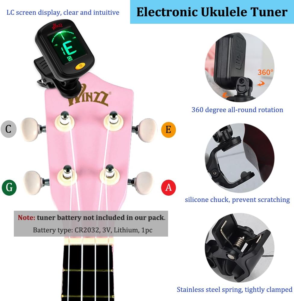 Winzz Sopran Ukulele Starter Kit für Anfänger mit Tasche, Clip-On Tuner, Zusätzlichen Saiten, Gurt,