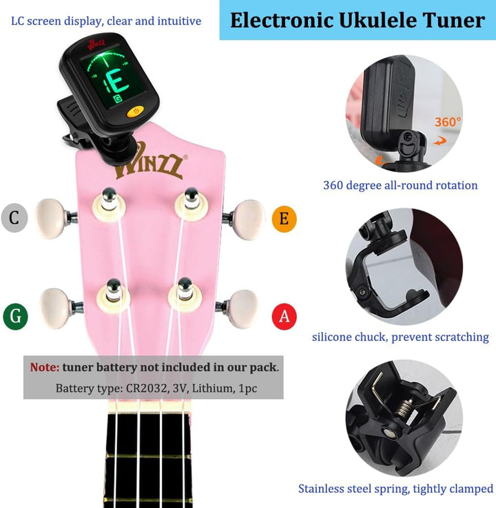 Winzz Sopran Ukulele Starter Kit für Anfänger mit Tasche, Clip-On Tuner, Zusätzlichen Saiten, Gurt,