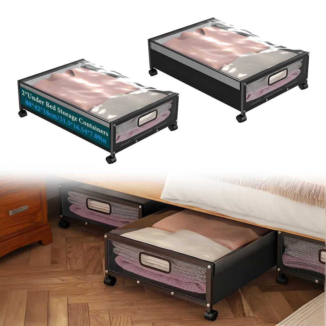 2 Stück Unterbett Aufbewahrungsbox mit Rollen und geteiltem Deckel, unterbettkommode, Bettkasten Auf