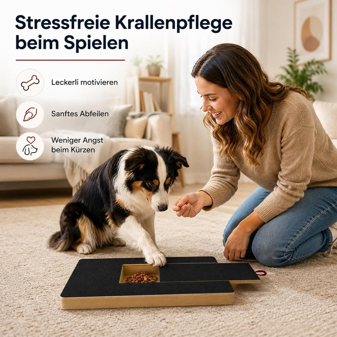Krallenschleifer für Hunde, Holz Kratzbrett 35x25x3cm mit Leckerlibox | mit 2 Schleifpapieren, stres