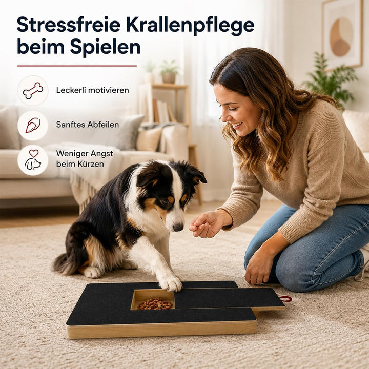 Krallenschleifer für Hunde, Holz Kratzbrett 35x25x3cm mit Leckerlibox | mit 2 Schleifpapieren, stres