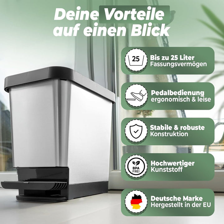 Novaliv 2x Mülleimer mit Deckel - 25L Tretmülleimer - Stabiler Abfalleimer mit Deckel &amp; Fusspedal -
