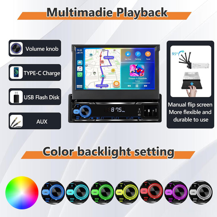 Single Din 4GB+64GB Autoradio mit kabellosem CarPlay Android Auto, 7" Flip Out 1 Din Car Stereo mit