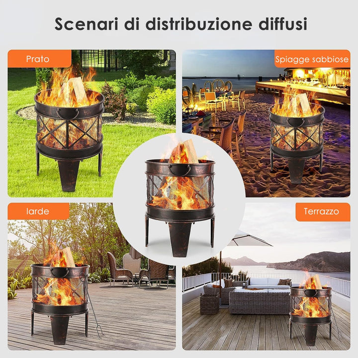 TLSUNNY Feuerschale 58 x 45 x 42 cm,Feuerkorb, Kamin mit Feuerschale Rund in Antik-Rost-Optik, Griff