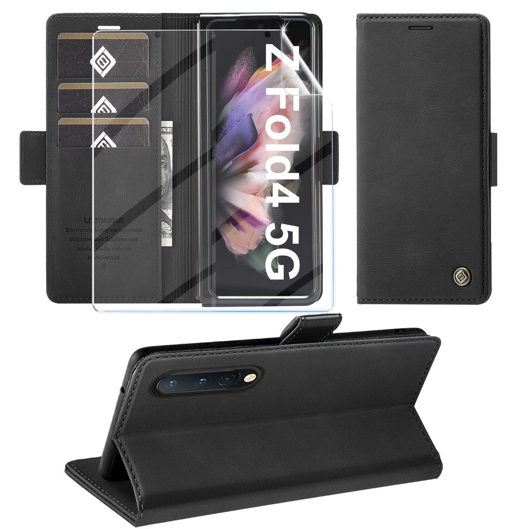 Handyhülle für Samsung Galaxy Z Fold 4 Hülle mit Schutzfolie, Standfunktion Kartenfach Wallet Premiu