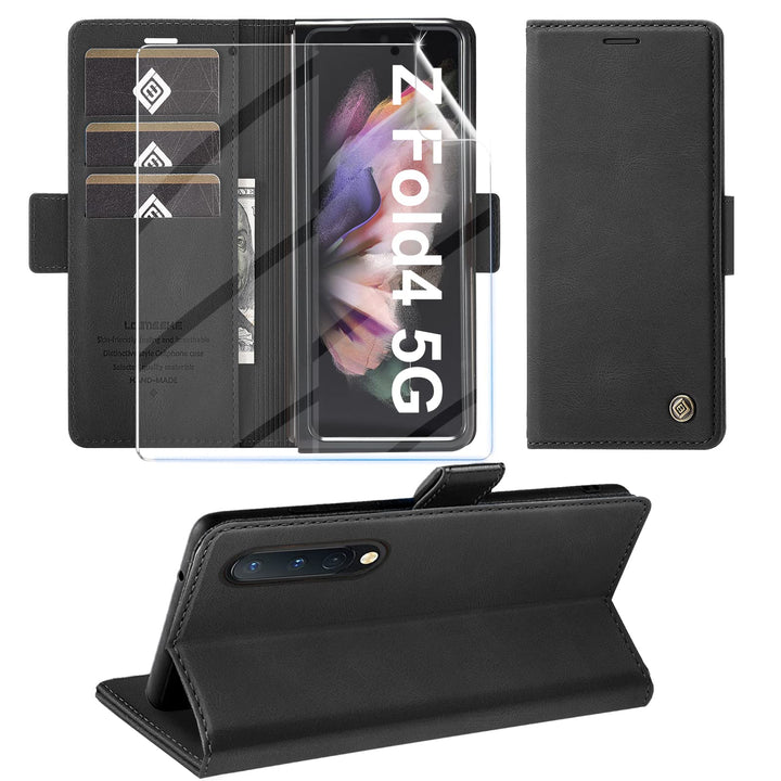 Handyhülle für Samsung Galaxy Z Fold 4 Hülle mit Schutzfolie, Standfunktion Kartenfach Wallet Premiu