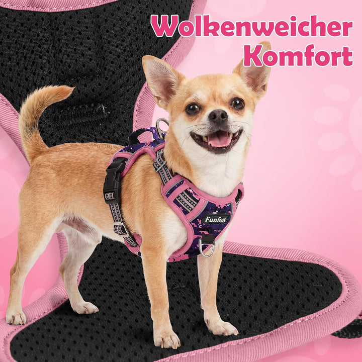 Funfox Hundegeschirr Kleine Hunde [S] - Anti Zug Welpengeschirr mit Griff &amp; Ringreflektoren, Atmungs