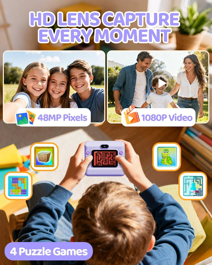 Kinderkamera Sofortbildkamera, 1080P HD Sofortbildkamera Kinder mit 32 GB Karte und 3 Papierrollen,