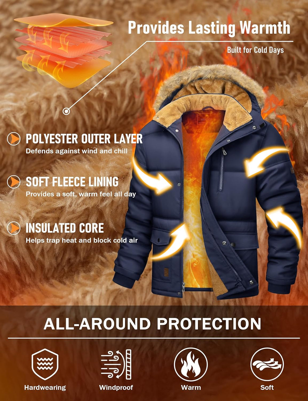 MAGCOMSEN Herren Winter Parka Jacke Winddicht Outdoor Warme Fleecejacke Freizeit Übergangsjacke Wass