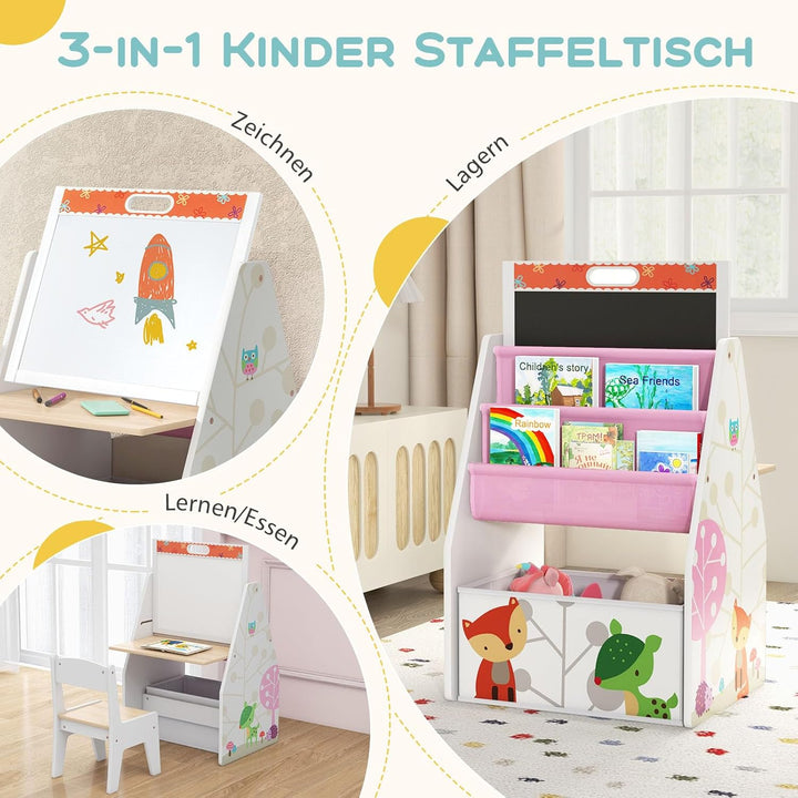GOPLUS Kinderstaffelei Spieltisch mit Stuhl, Kindertisch und Stuhl-Set mit drehbarer doppelseitiger