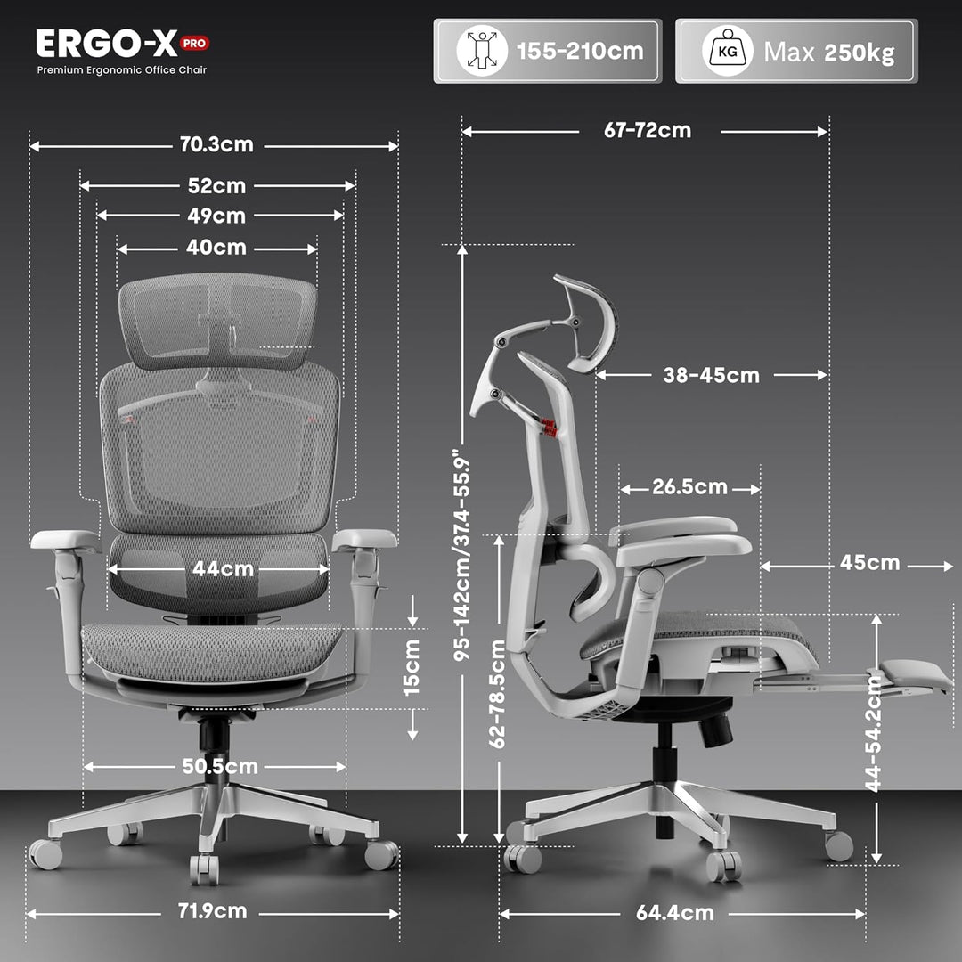 FLEXISPOT ErgoX Pro Ergonomischer Bürostuhl mit ausziehbarer Fussstütze, 12-stufiger Höhenverstellun