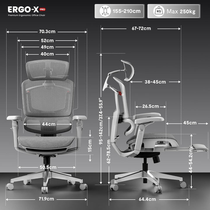 FLEXISPOT ErgoX Pro Ergonomischer Bürostuhl mit ausziehbarer Fussstütze, 12-stufiger Höhenverstellun