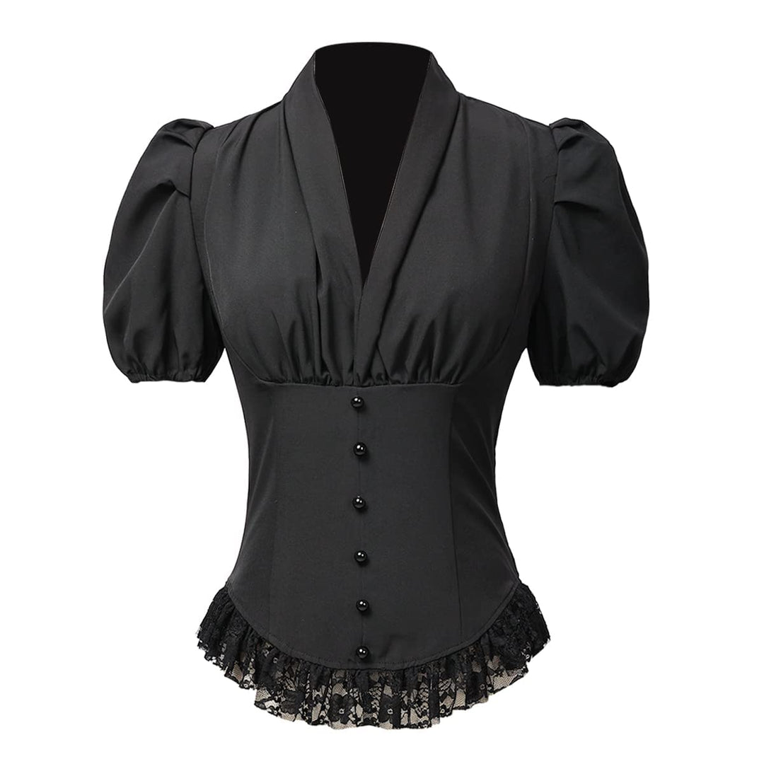 Damen Viktorianisches Korsett Tops Shirts Gothic Steampunk Schnür Bluse XS Schwarz, XS Schwarz