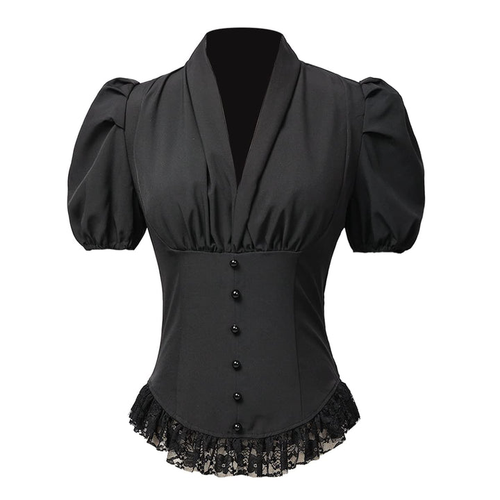 Damen Viktorianisches Korsett Tops Shirts Gothic Steampunk Schnür Bluse XS Schwarz, XS Schwarz