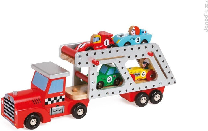 Janod - From 2 years old - Large Wooden Car Carrier - 4 Wooden Cars Included - Develops Imagination