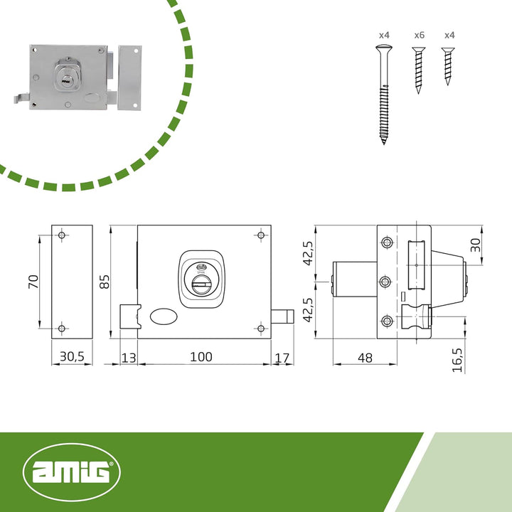 Amig - Aufschraubschloss DIN rechts mit Schliesshebel, Falle und Ziehgriff für Holztüren Mod. 72-100