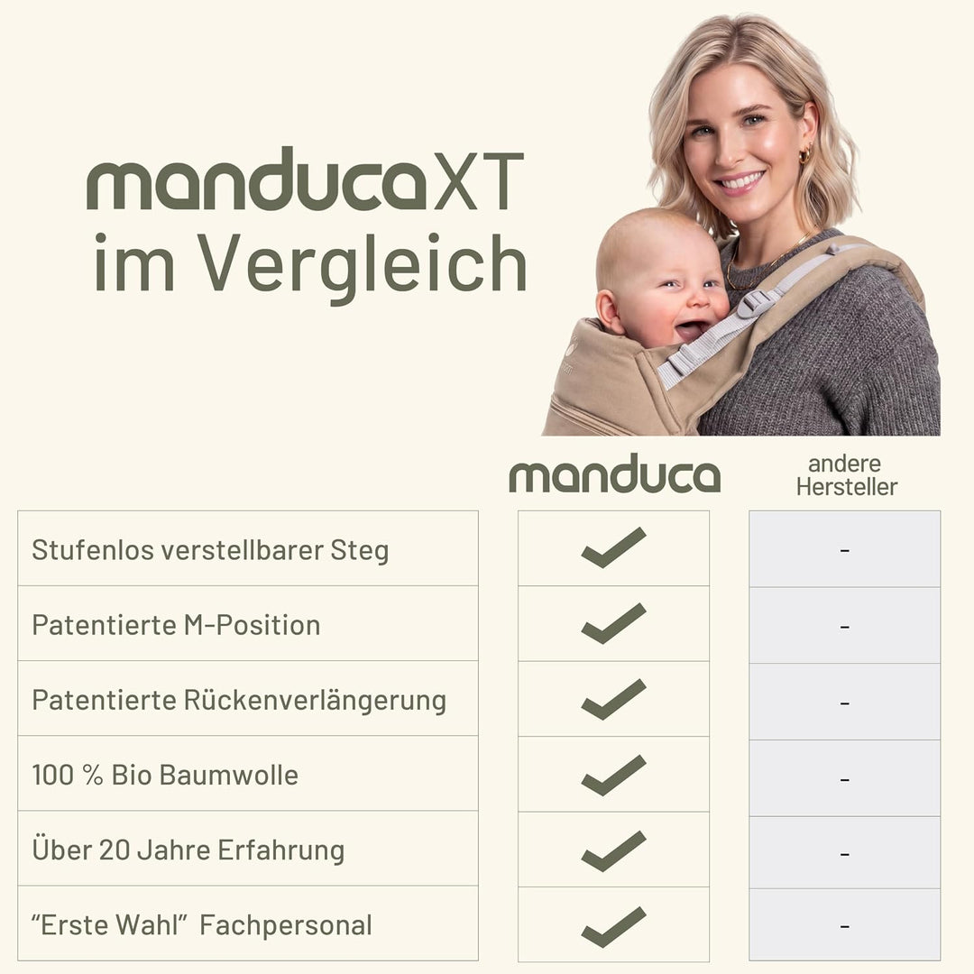 manduca XT Babytrage - Verstellbarer Sitz, der mitwächst - Vom Neugeborenen bis zum Kleinkind - Baby