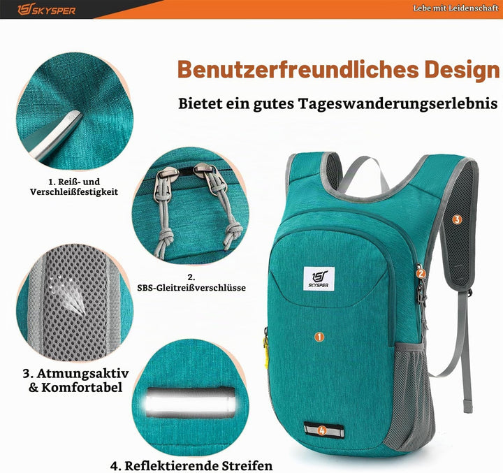 SKYSPER Faltbarer Rucksack 10L Ultraleicht Tagesrucksack Daypack Wanderrucksack Klein Outdoorrucksac