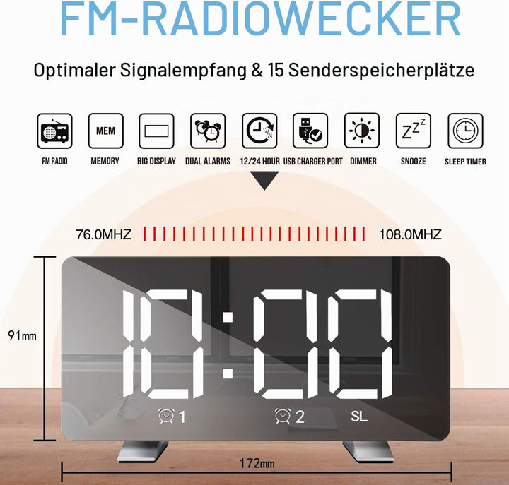 Lancoon Digitaler Wecker mit Radio 4 Helligkeitsstufen Lautstärke einstellbar Schlummern USB Ladeans