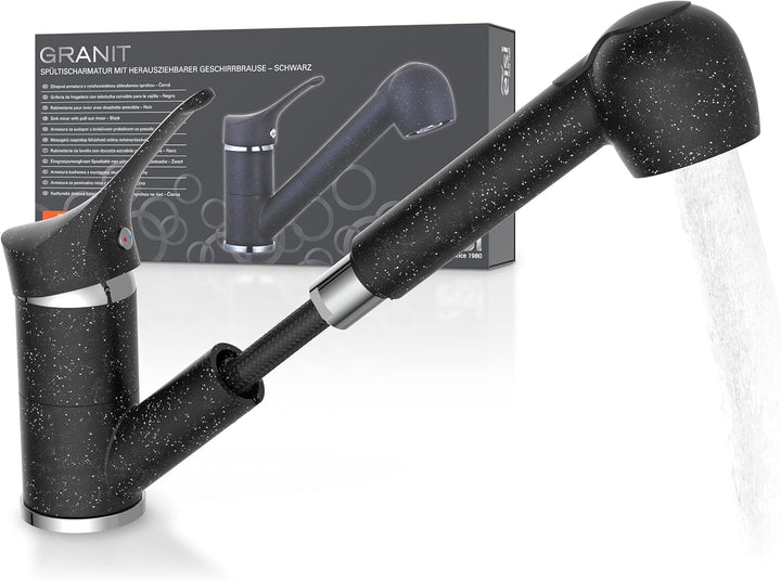 EISL Spültischarmatur GRANIT mit Geschirrbrause, 90° schwenkbare Küchenarmatur schwarz, ideal für Do