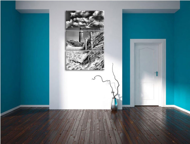 Pixxprint Schöner Leuchtturm am Strand / 3-Teilig/Gesamtmass 120cm Leinwandbild bespannt auf Holzrah