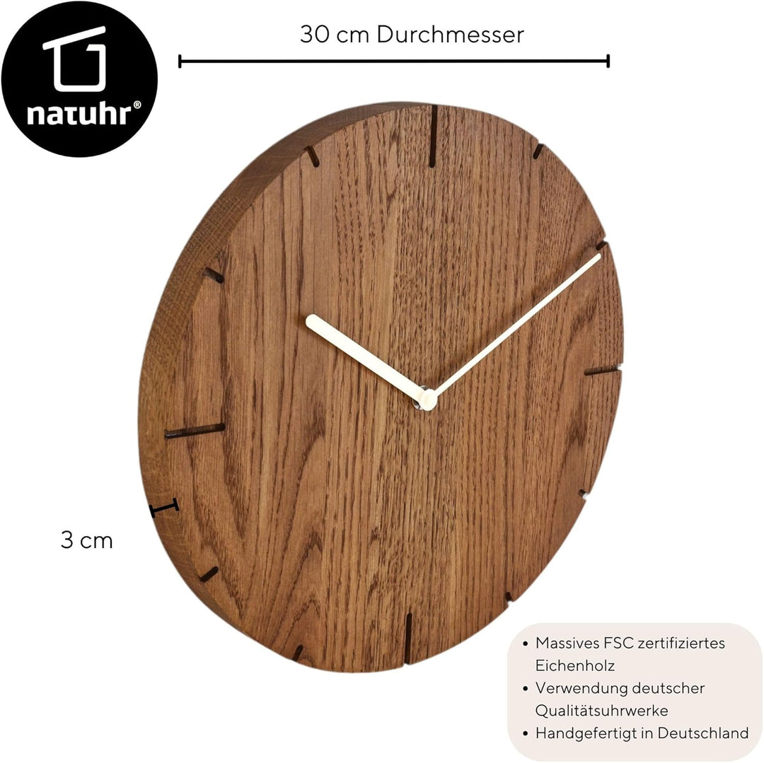 Natuhr Wanduhr Eiche dunkel geölt Eiche rustikal Holzuhr Solide Massivholz, geräuscharmes Uhrwerk, p