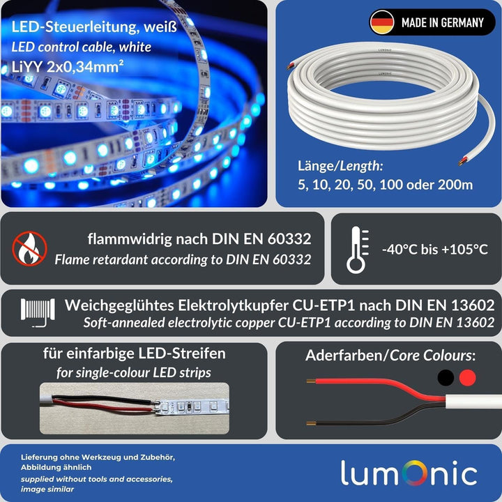 Lumonic 2x 0,34mm² LED Steuerleitung weiss 10m I ummanteltes 2 adriges Kabel flexibel I Geschirmtes
