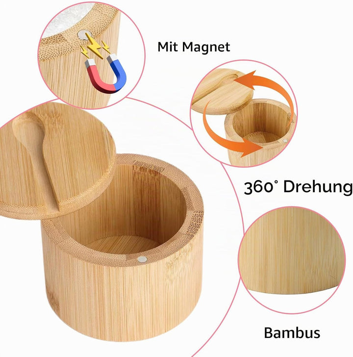 3 Stück Salzdose Bambus, Salzbehälter mit Magnetischem Schwenkdeckel und Bambuslöffel, Lebensmittele