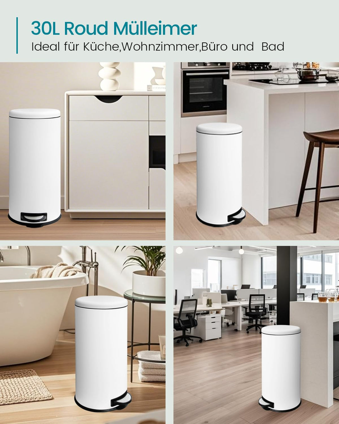 Mülleimer 30 L Treteimer mit Softclose-Deckel, Abfalleimer 30 Liter mit Fusspedal, Rund Mülleimer mi