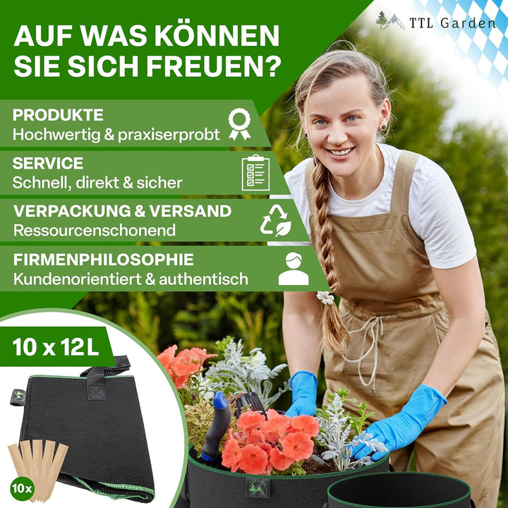TTL GARDEN 10x 12L Pflanzsack aus Vlies Stoff aus 300 g/m² Filz &amp; Vlies - | Stofftopf 10er Set 12 Li