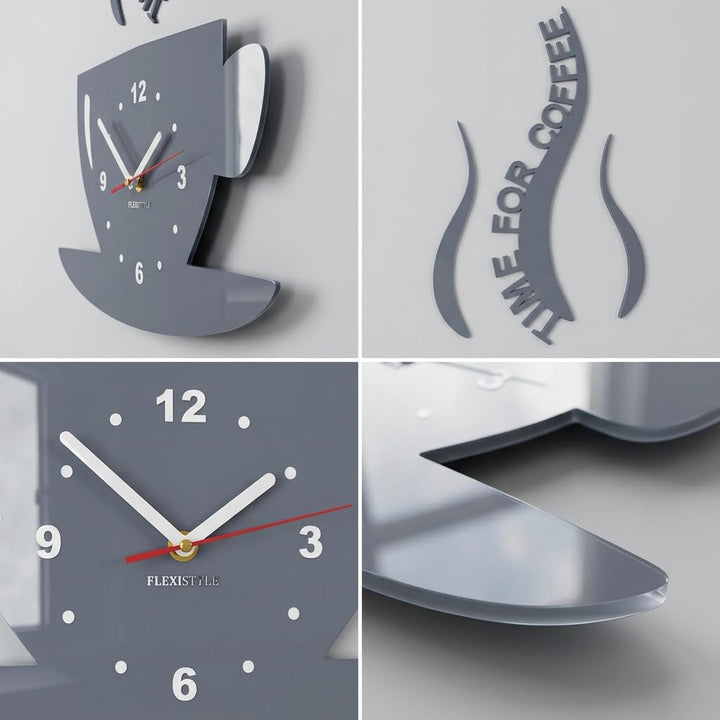 FLEXISTYLE Tasse Time for Coffee (Zeit für Kaffee) Moderne Küche Wanduhr grau, 3D römisch, wanduhr d