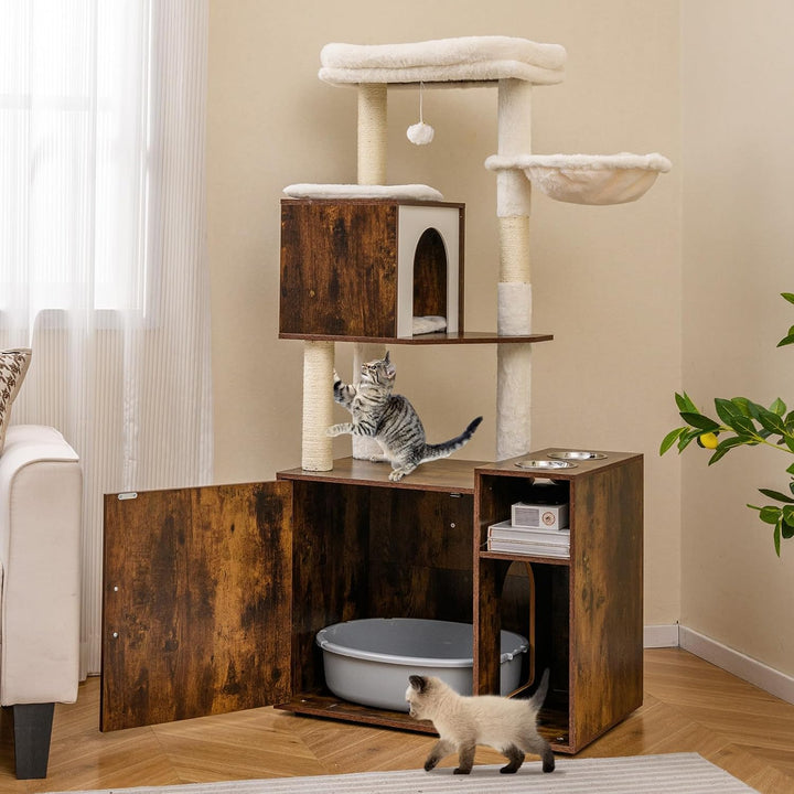 COSTWAY Kratzbaum mit Katzenklo Schrank, Katzenschrank für Katzentoilette, Katzenkratzbaum mit Sisal