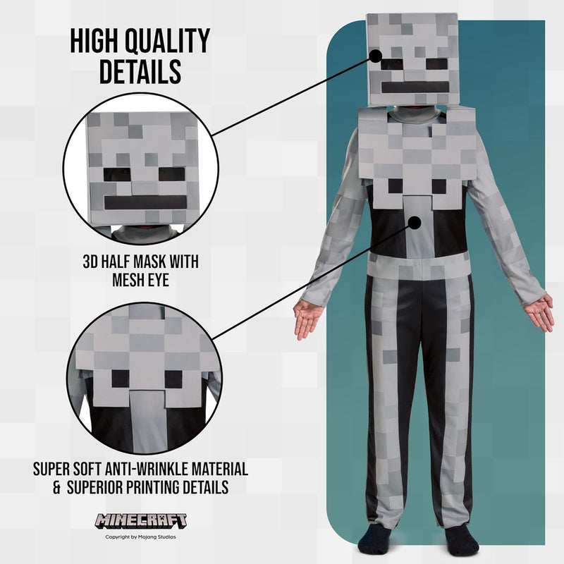 Minecraft Skeleton Costume for Kids, Video Game Inspired Character Outfit, Classic Child Size, XL