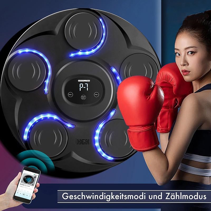 PEARL Sports Boxmaschine Erwachsene: Musik-Boxmaschine, 7 Schlagtakte, Zählmodus, LEDs, Display, BT,