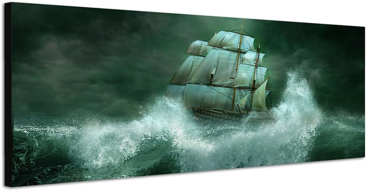 Paul Sinus Art Panoramabild auf Leinwand und Keilrahmen 150x50cm Meer Wellen Sturm Segelschiff Nacht