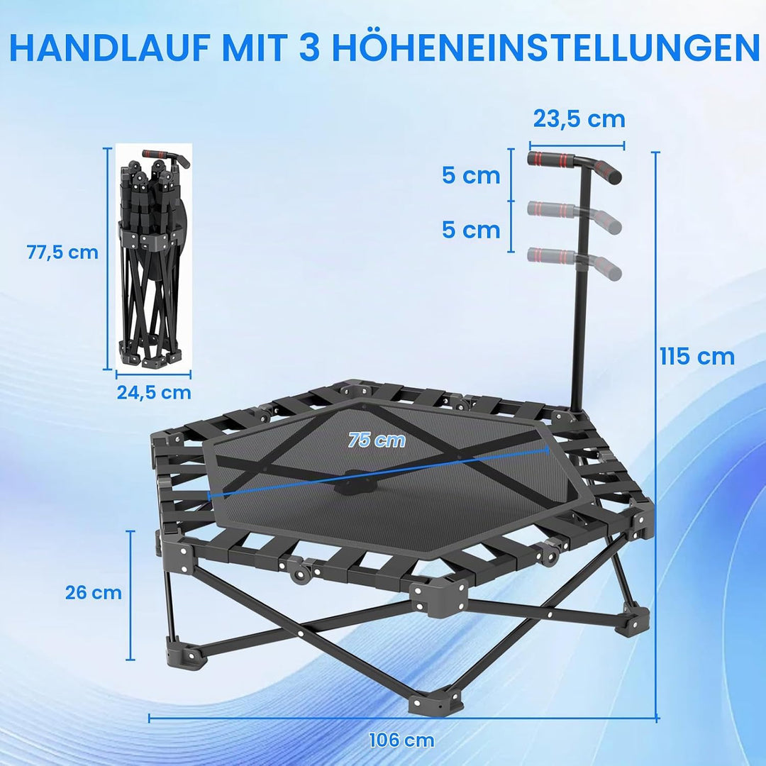 Mini Trampolin Klappbar, Fitness Trampolin Indoor mit Verstellbarem Griff, Minitrampolin für Erwachs