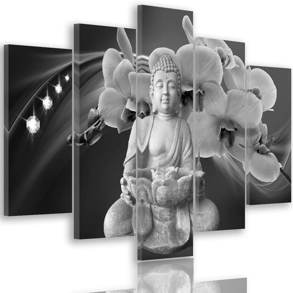 Feeby Wandbild XXL 5 Teilig Abstrakt Leinwandbild Buddha Blumen Schwarzweiss 300x140 cm Leinwandbild