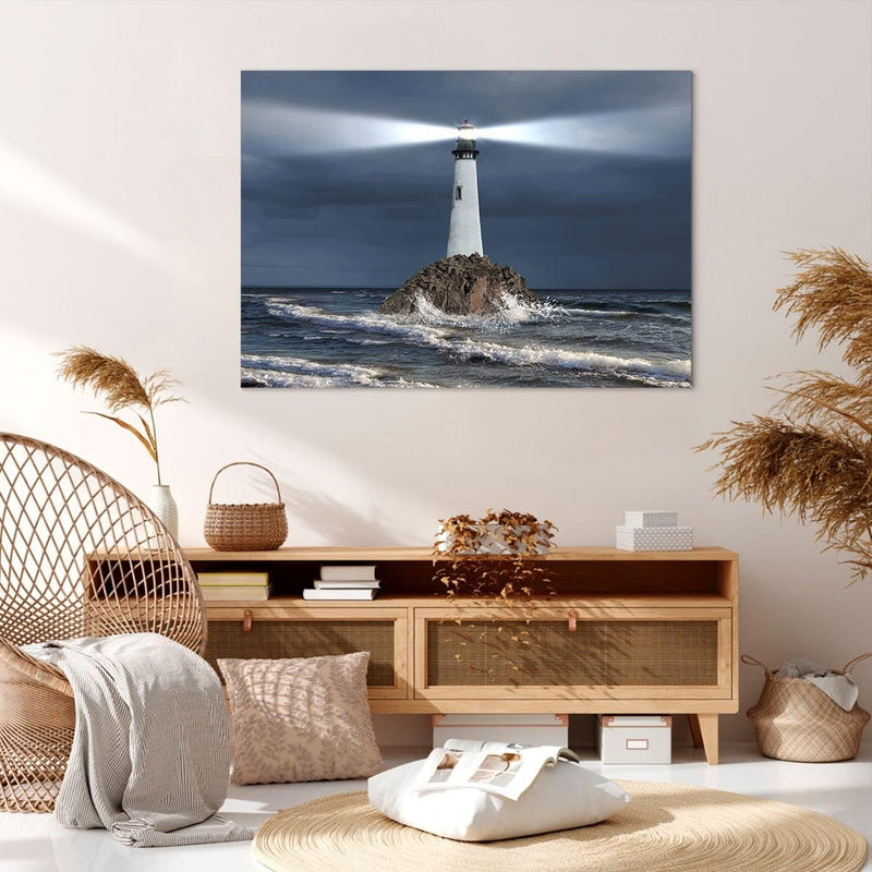 Bilder auf Leinwand 100x70cm Leinwandbild mit Rahmen Leuchtturm Meer Gross Wanddeko Bild Schlafzimme