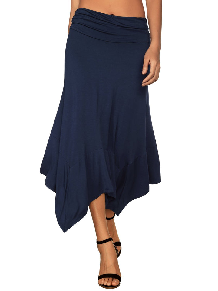 DJT Damen Elastisch Plissierte Taille Elegant Rock A-Linie Faltenrock Midi Rock mit Taschentuch Saum